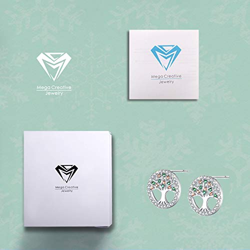 MEGA CREATIVE JEWELRY Pendientes Mujer Amor de la Familia de Árbol de la Vida Cristales Swarovski Pendientes de la Moda 925 Plata Esterlina, Regalo de la Joyería (Plata-Tree)