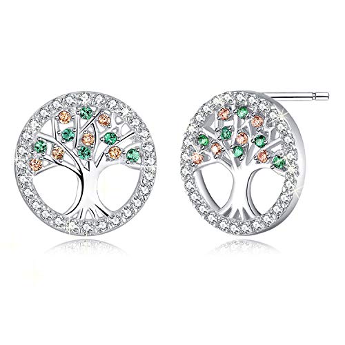 MEGA CREATIVE JEWELRY Pendientes Mujer Amor de la Familia de Árbol de la Vida Cristales Swarovski Pendientes de la Moda 925 Plata Esterlina, Regalo de la Joyería (Plata-Tree)