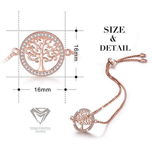 MEGA CREATIVE JEWELRY Pulseras Árbol de la Vida Oro Rosa para Mujer Plata 925 con Cristales