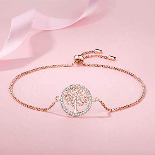 MEGA CREATIVE JEWELRY Pulseras Árbol de la Vida Oro Rosa para Mujer Plata 925 con Cristales