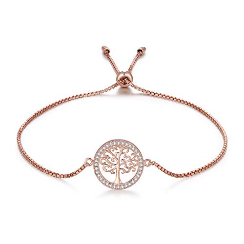 MEGA CREATIVE JEWELRY Pulseras Árbol de la Vida Oro Rosa para Mujer Plata 925 con Cristales