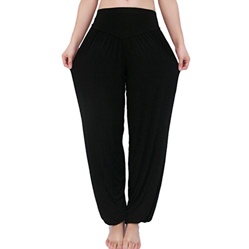 MEISHINE® Mujer Pantalones de Yoga Algodón Modal Harem Pantalón Polainas por Danza, Yoga, Ganduleado, Fitness - Muy Suave (Size XXXL, Negro)