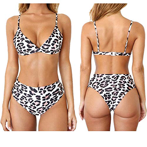 Meizas Traje de baño Bikini Estampado, Traje de baño Retro de Cintura Alta, Conjuntos de Bikini de 2 Piezas Correa de Hombro Ajustable Push Up Bikinis Trajes de baño para Nadar Fiesta (Leopardo, L)