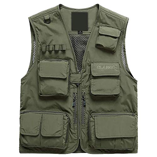 Memoryee Trabajo de los Hombres Bolsillos múltiples Ligero Chaleco de Pesca para Viajes al Aire Libre Chalecos Transpirables/Ejercito Verde/XL