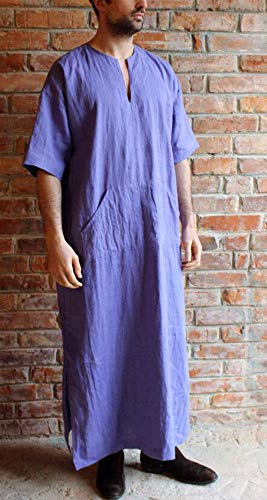 Mens Cuello en V étnico islámico árabe musulmán Batas Sueltas de Manga Corta Vestido Vintage Kaftan Bata con Bolsillo