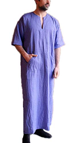 Mens Cuello en V étnico islámico árabe musulmán Batas Sueltas de Manga Corta Vestido Vintage Kaftan Bata con Bolsillo