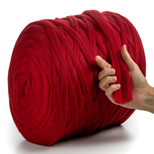 MeriWoolArt 100% lana de merino para punto y ganchillo con hilo de 2 cm de grosor, lana de merino gruesa para bufanda, manta y almohada XXL (rojo, 100 g)