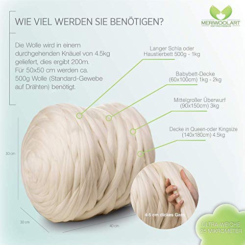 MeriWoolArt - Lana de merino 100 % para punto y ganchillo con hilo de 4-5 cm de grosor, lana de merino gruesa para bufanda, manta y cojín XXL, natural, 250 g