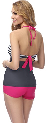 Merry Style Conjunto Tankini Camiseta y Short Traje de Baño Mujer MS10-113 (Gris/Rosa Rayas, EU 44 = ES 46)
