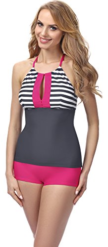 Merry Style Conjunto Tankini Camiseta y Short Traje de Baño Mujer MS10-113 (Gris/Rosa Rayas, EU 44 = ES 46)