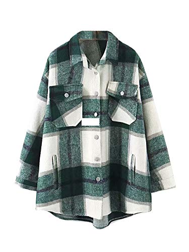 MINASAN Sobrecamisas de Moda para Mujer, Chaqueta de Lana a Cuadros de Gran tamaño, Abrigo Vintage con Bolsillo asimétrico, Prendas de Vestir Exteriores para Mujer, Tops Elegantes (Verde, XS)