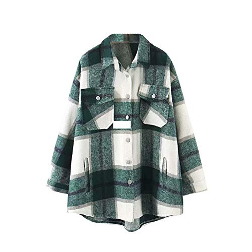 MINASAN Sobrecamisas de Moda para Mujer, Chaqueta de Lana a Cuadros de Gran tamaño, Abrigo Vintage con Bolsillo asimétrico, Prendas de Vestir Exteriores para Mujer, Tops Elegantes (Verde, L)