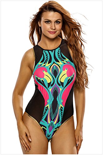 Minetom Bañador De Dos Piezas Mujer Bikini Monokini Elegante Cómodo Beach Swimwear Retro Flamencos Patrón Dorado Borde Diseño Negro ES 40