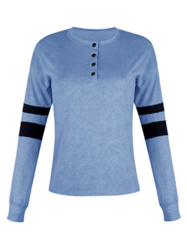 Minetom Camisas Mujer Casual Camiseta Cuello V Manga Larga Blusa Chic Botón Slim Fit Solapa Camisa T-Shirt Tops Raya Túnica B Azul ES 34