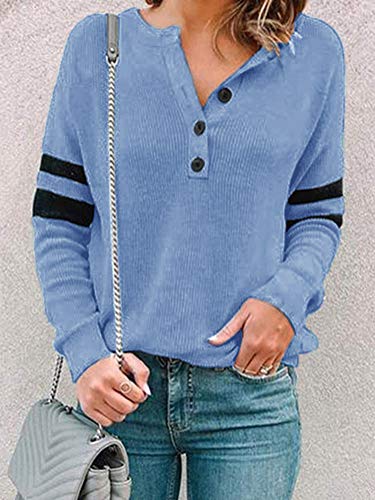 Minetom Camisas Mujer Casual Camiseta Cuello V Manga Larga Blusa Chic Botón Slim Fit Solapa Camisa T-Shirt Tops Raya Túnica B Azul ES 34