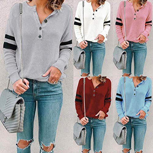 Minetom Camisas Mujer Casual Camiseta Cuello V Manga Larga Blusa Chic Botón Slim Fit Solapa Camisa T-Shirt Tops Raya Túnica B Azul ES 34