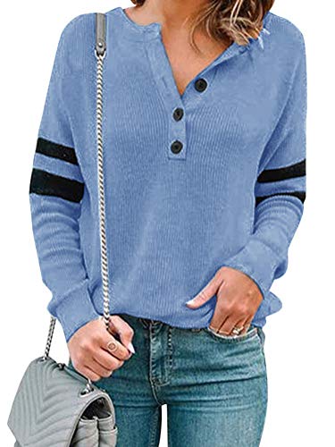 Minetom Camisas Mujer Casual Camiseta Cuello V Manga Larga Blusa Chic Botón Slim Fit Solapa Camisa T-Shirt Tops Raya Túnica B Azul ES 34