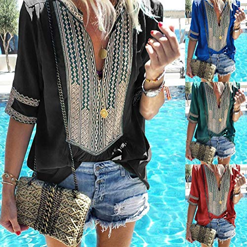 Minetom Camiseta Básica Mujer Vintage Bohemio Blusa Manga Corta Cuello en V Estampado Blusas de Fiesta Oficina Playa Vacaciones Verano Boho T-Shirt Tops A Rosa ES 38