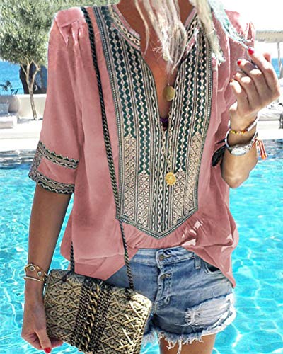 Minetom Camiseta Básica Mujer Vintage Bohemio Blusa Manga Corta Cuello en V Estampado Blusas de Fiesta Oficina Playa Vacaciones Verano Boho T-Shirt Tops A Rosa ES 38