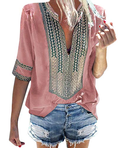 Minetom Camiseta Básica Mujer Vintage Bohemio Blusa Manga Corta Cuello en V Estampado Blusas de Fiesta Oficina Playa Vacaciones Verano Boho T-Shirt Tops A Rosa ES 38