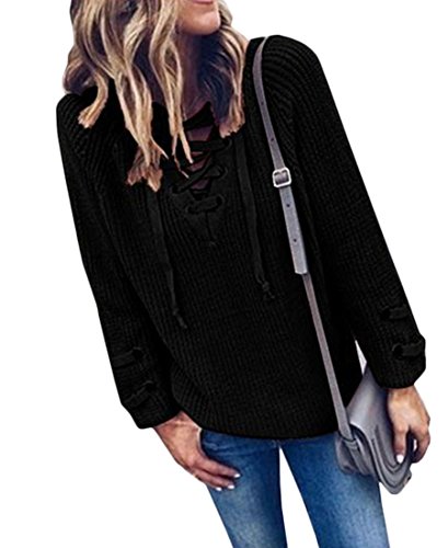 Minetom Casual Flojo de Manga Larga con Cuello En V con Correas Tops Jerséis Blusa Suéter para Mujer Jumper Prendas de Punto Negro ES 46