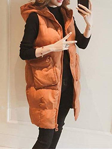 Minetom Chaleco con Capucha de Mujer Cremallera Frontal Bolsillos Cálido Chaqueta Larga Acolchadas Abrigo de Invierno C Marrón 36