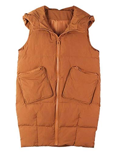 Minetom Chaleco con Capucha de Mujer Cremallera Frontal Bolsillos Cálido Chaqueta Larga Acolchadas Abrigo de Invierno C Marrón 36
