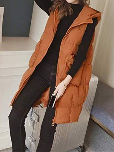 Minetom Chaleco con Capucha de Mujer Cremallera Frontal Bolsillos Cálido Chaqueta Larga Acolchadas Abrigo de Invierno C Marrón 36