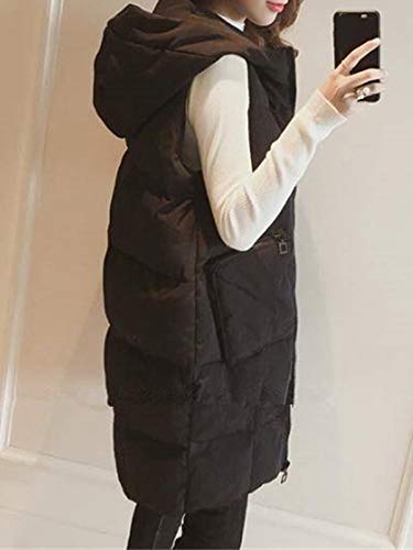 Minetom Chaleco con Capucha de Mujer Cremallera Frontal Bolsillos Cálido Chaqueta Larga Acolchadas Abrigo de Invierno C Negro 40