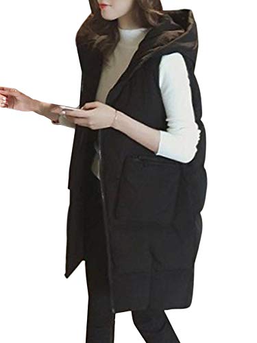 Minetom Chaleco con Capucha de Mujer Cremallera Frontal Bolsillos Cálido Chaqueta Larga Acolchadas Abrigo de Invierno C Negro 40