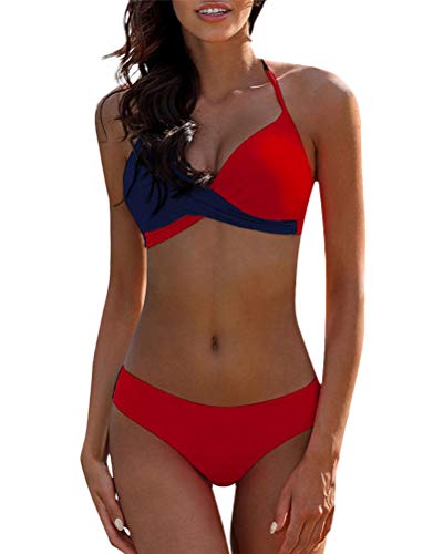 Minetom Mujer 2Pcs Ropa De Baño Halter Cuello V Bañador Push-Up Bra Bikini Sets Traje De Baño Atractivo Color De Empalme Verano Playa Rojo ES 48