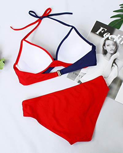 Minetom Mujer 2Pcs Ropa De Baño Halter Cuello V Bañador Push-Up Bra Bikini Sets Traje De Baño Atractivo Color De Empalme Verano Playa Rojo ES 48