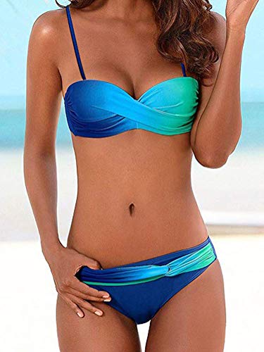 Minetom Mujer Bikini Reversibles 2pcs Traje de Baño Ropa de Baño Acolchado Push Up Bañador Bloque de Color Playa Natación Swimwear Azul ES 38