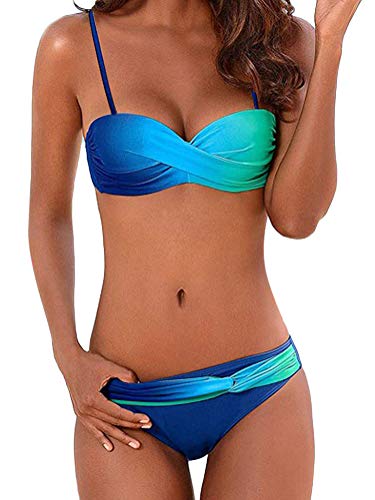 Minetom Mujer Bikini Reversibles 2pcs Traje de Baño Ropa de Baño Acolchado Push Up Bañador Bloque de Color Playa Natación Swimwear Azul ES 38