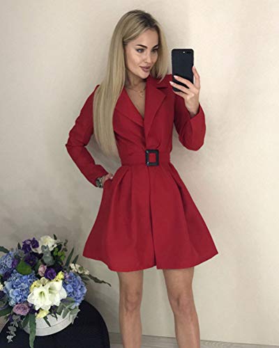 Minetom Mujer Blazer Chaqueta del Traje Elegante Manga Larga Mini Vestido Cuello en V Oficina Negocios Abrigo Fiesta Dress con Cinturón B Rojo 34
