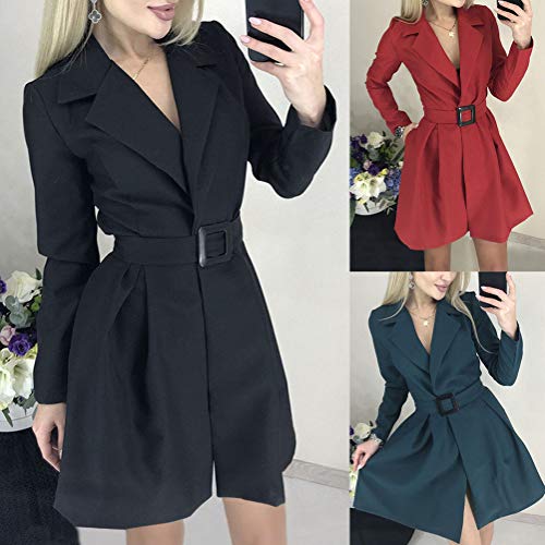 Minetom Mujer Blazer Chaqueta del Traje Elegante Manga Larga Mini Vestido Cuello en V Oficina Negocios Abrigo Fiesta Dress con Cinturón B Rojo 34