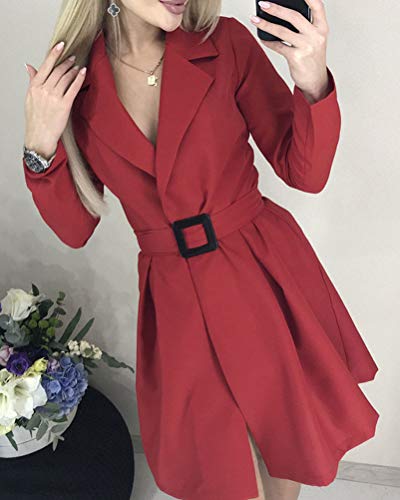 Minetom Mujer Blazer Chaqueta del Traje Elegante Manga Larga Mini Vestido Cuello en V Oficina Negocios Abrigo Fiesta Dress con Cinturón B Rojo 38