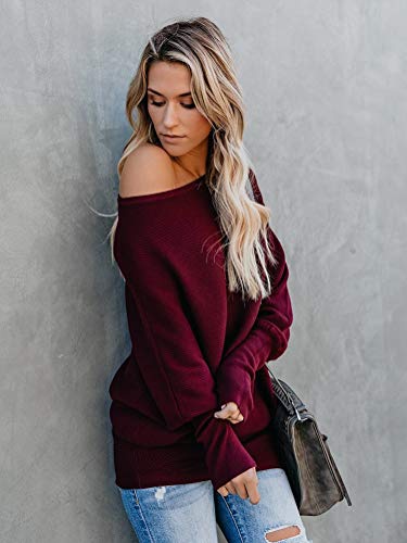 Minetom Mujer Jersey de Punto Primavera Suéter de Cuello V de Espalda de Las Mujeres Knit del Batwing Oversize Ancho Tejer Sueter Borgoña ES 44