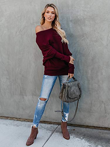 Minetom Mujer Jersey de Punto Primavera Suéter de Cuello V de Espalda de Las Mujeres Knit del Batwing Oversize Ancho Tejer Sueter Borgoña ES 44