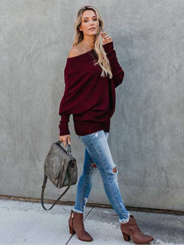 Minetom Mujer Jersey de Punto Primavera Suéter de Cuello V de Espalda de Las Mujeres Knit del Batwing Oversize Ancho Tejer Sueter Borgoña ES 44