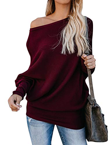 Minetom Mujer Jersey de Punto Primavera Suéter de Cuello V de Espalda de Las Mujeres Knit del Batwing Oversize Ancho Tejer Sueter Borgoña ES 44