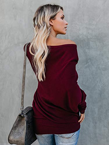 Minetom Mujer Jersey de Punto Primavera Suéter de Cuello V de Espalda de Las Mujeres Knit del Batwing Oversize Ancho Tejer Sueter Borgoña ES 44