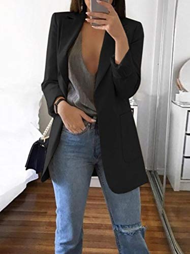 Minetom Mujer Manga Larga Blazer Elegante Oficina Negocios Parte OL Traje De Chaqueta Sólido Slim Fit Abrigo Cardigan Outwear Top A Negro ES 38