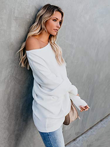 Minetom Mujer Moda Suéter Casual Jersey de Punto de Cuello Barco Batwing Mangas Largas Camiseta Blusa Tops Suelto Túnica Blanco ES 40