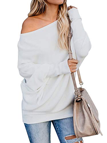 Minetom Mujer Moda Suéter Casual Jersey de Punto de Cuello Barco Batwing Mangas Largas Camiseta Blusa Tops Suelto Túnica Blanco ES 40