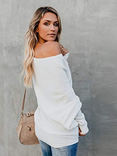 Minetom Mujer Moda Suéter Casual Jersey de Punto de Cuello Barco Batwing Mangas Largas Camiseta Blusa Tops Suelto Túnica Blanco ES 46