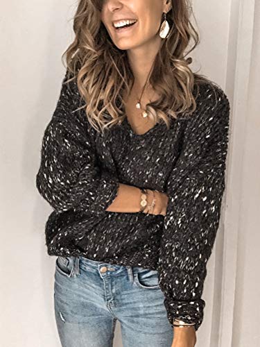 Minetom Mujer Mujer Básico Punto Suéter de Moda O-Cuello Otoño Invierno Oversize Jerseys Blusas Suelto Cuello en V Color Sólido Tops C Negro 42