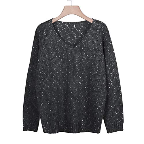 Minetom Mujer Mujer Básico Punto Suéter de Moda O-Cuello Otoño Invierno Oversize Jerseys Blusas Suelto Cuello en V Color Sólido Tops C Negro 42