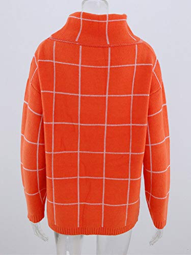 Minetom Mujer Otoño Invierno Jersey Pullover Suéter Punto Plaid Grande Texturizado con Cuello Alto Elegante Suéter Manga Larga Suelto Jumper Naranja 38