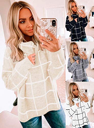 Minetom Mujer Otoño Invierno Jersey Pullover Suéter Punto Plaid Grande Texturizado con Cuello Alto Elegante Suéter Manga Larga Suelto Jumper Naranja 38